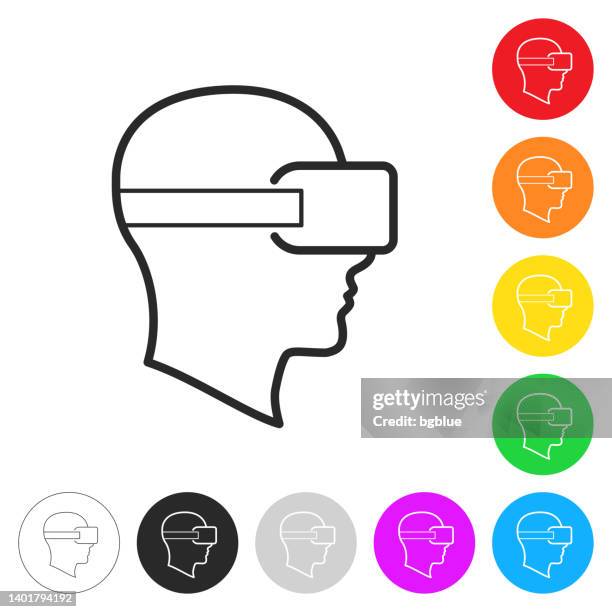 stockillustraties, clipart, cartoons en iconen met head with vr virtual reality headset. icon on colorful buttons - flying goggles