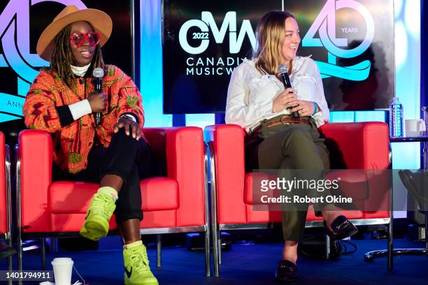 Panellists Deinse De'ion and Elizabeth "Lowell" Boland discuss How to Catch A Hook: Creative Decisions In The Studio at Intercontinental Hotel on...
