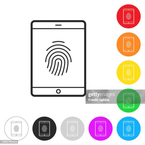 tablet pc with fingerprint. icon on colorful buttons - password protected tablet stock illustrations