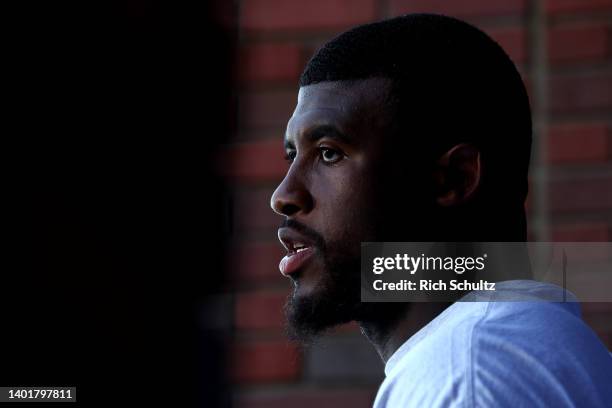 Linebacker Jihad Ward of the New York Giants talks to the media after the team's mandatory minicamp at Quest Diagnostics Training Center on June 8,...