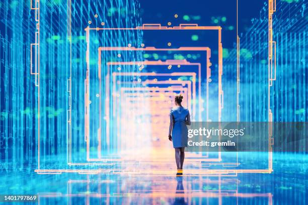 businesswoman holding file folder in futuristic vr environment - city map stockfoto's en -beelden