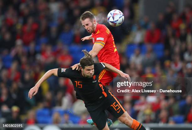 Rhys Norrington-Davies of Wales heads past Hans Hateboer of Netherlands to score their goal during the UEFA Nations League League A Group 4 match...