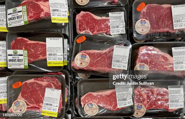 Beef steaks are displayed in the meat section at a Safeway store on June 08, 2022 in San Anselmo, California. The U.S. Labor Department will report...