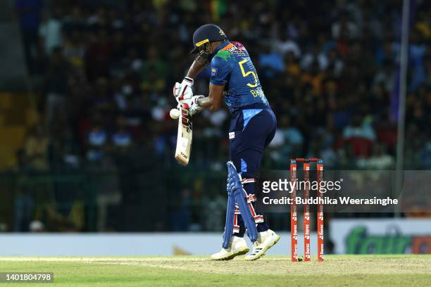 Bhanuka Rajapaksa of Sri Lanka bats during the 2nd match in the T20 International series between Sri Lanka and Australia at R. Premadasa Stadium on...