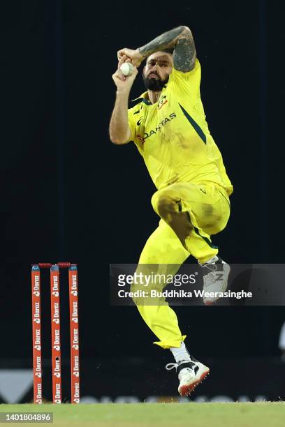 Kane Richardson of Australia bowls during the 2nd match in the T20 International series between Sri Lanka and Australia at R. Premadasa Stadium on...