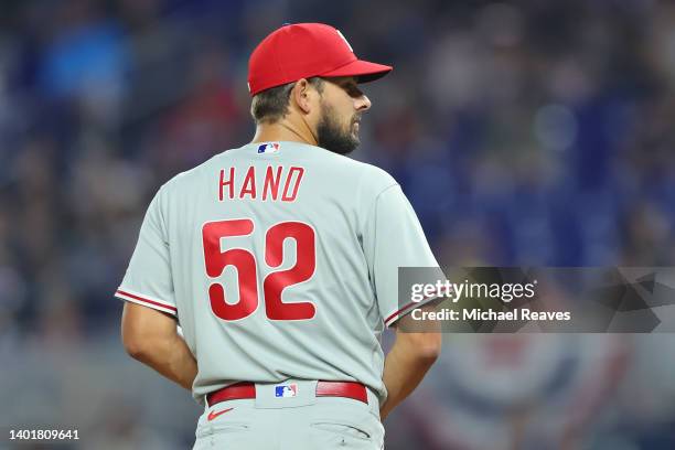 Brad Hand of the Philadelphia Phillies delivers a pitch against the Miami Marlins at loanDepot park on April 14, 2022 in Miami, Florida.