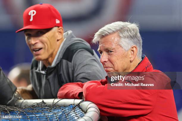 Manager Joe Girardi and President of Baseball Operations Dave Dombrowski of the Philadelphia Phillies look on during batting practice prior to the...