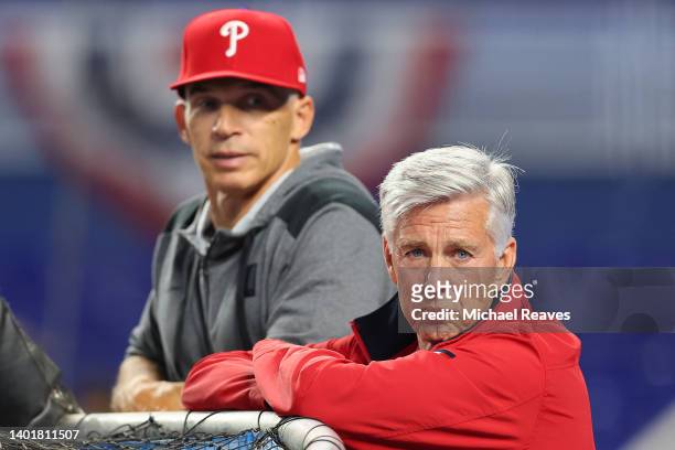 Manager Joe Girardi and President of Baseball Operations Dave Dombrowski of the Philadelphia Phillies look on during batting practice prior to the...