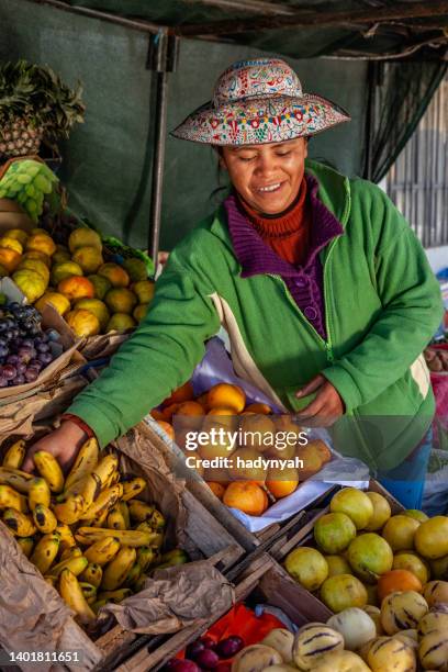 mujer peruana vendiendo frutas en su tienda, chivay, perú - quechuas fotografías e imágenes de stock