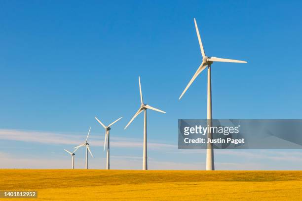 a row of wind turbines in sunny rural france - clean renewable energy - windmill stock pictures, royalty-free photos & images