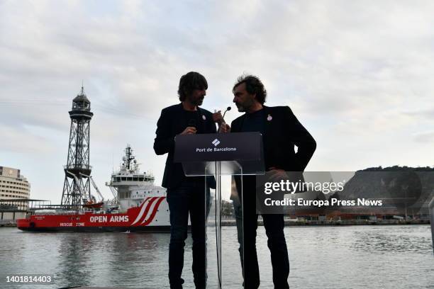 Actor Santi Millan and the president and founder of Open Arms, Oscar Camps , talk at the presentation of the Open Arms vessel, 'Open Arms Uno', at...