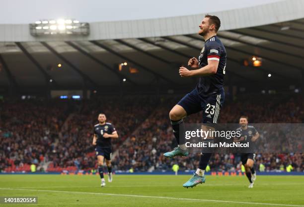 Anthony Ralston of Scotland celebrates after he scores the opening goal during the UEFA Nations League League B Group 1 match between Scotland and...