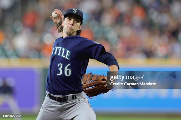 Logan Gilbert of the Seattle Mariners delivers during the first inning against the Houston Astros at Minute Maid Park on June 08, 2022 in Houston,...