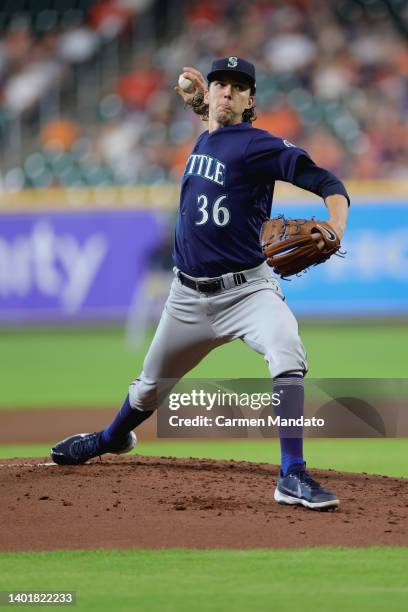 Logan Gilbert of the Seattle Mariners delivers during the first inning against the Houston Astros at Minute Maid Park on June 08, 2022 in Houston,...