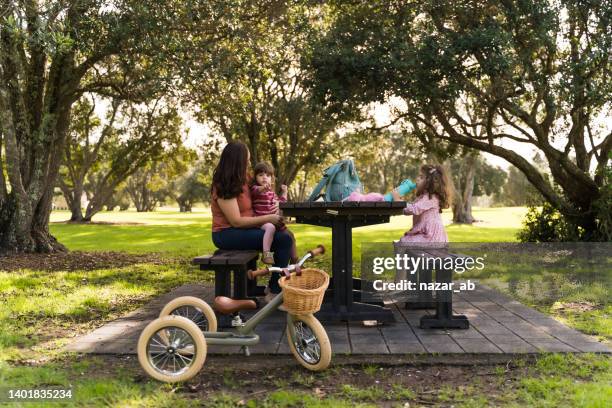 mother with kids having picnic in park. - picnic table stockfoto's en -beelden