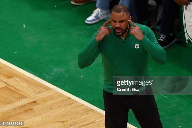 Head coach Ime Udoka of the Boston Celtics calls out a play in the second quarter against the Golden State Warriors during Game Three of the 2022 NBA...