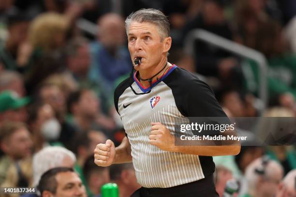 Referee Scott Foster looks on in the second quarter during Game Three of the 2022 NBA Finals between the Boston Celtics and the Golden State Warriors...