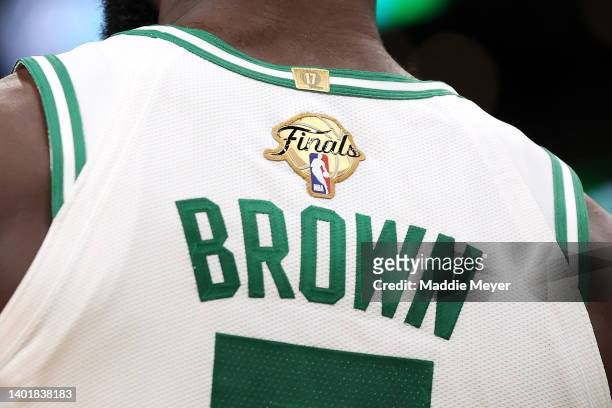 Detailed view of the NBA Finals logo on the jersey of Jaylen Brown of the Boston Celtics in the second quarter during Game Three of the 2022 NBA...
