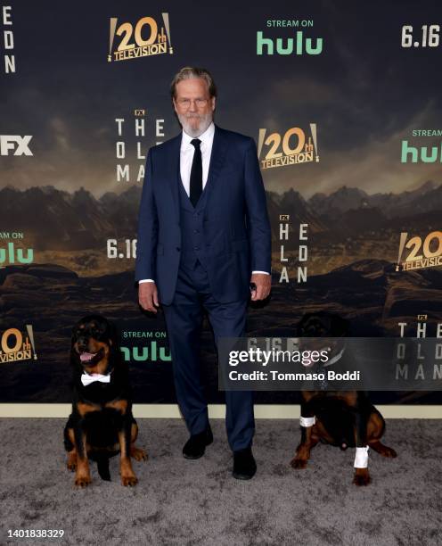 Jeff Bridges, with dogs Freya and Cain, attends FX's "The Old Man" Season 1 LA Tastemaker Event at Academy Museum of Motion Pictures on June 08, 2022...