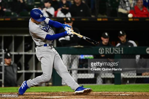 Trea Turner of the Los Angeles Dodgers hits a home run in the ninth inning against the Chicago White Sox at Guaranteed Rate Field on June 08, 2022 in...