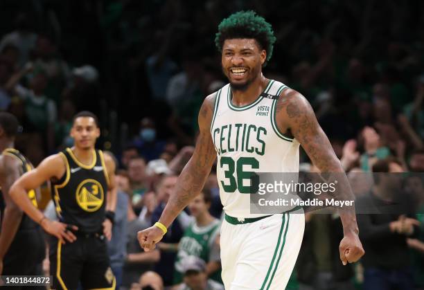 Marcus Smart of the Boston Celtics reacts to a play in the fourth quarter against the Golden State Warriors during Game Three of the 2022 NBA Finals...