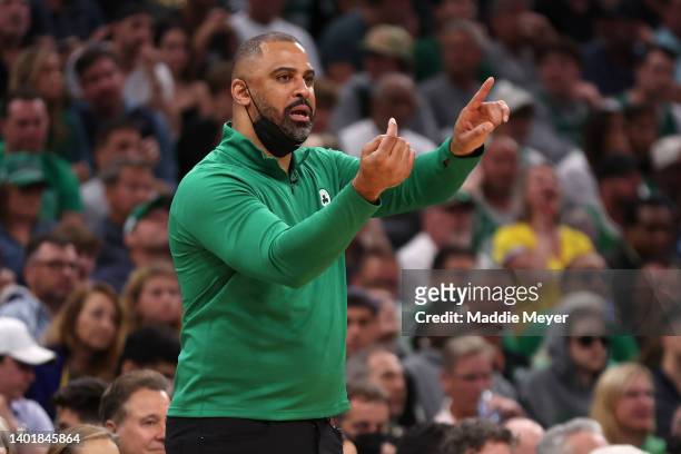 Head coach Ime Udoka of the Boston Celtics calls out a play in the fourth quarter against the Golden State Warriors during Game Three of the 2022 NBA...