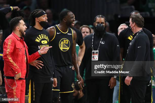 Draymond Green of the Golden State Warriors reacts to a play in the fourth quarter against the Boston Celtics during Game Three of the 2022 NBA...