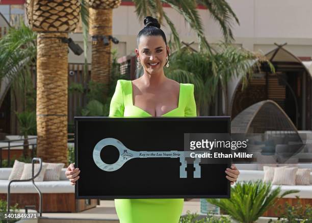 Resorts World Theatre headliner Katy Perry holds up a ceremonial key to the Las Vegas Strip during a ceremony where she also received a proclamation...