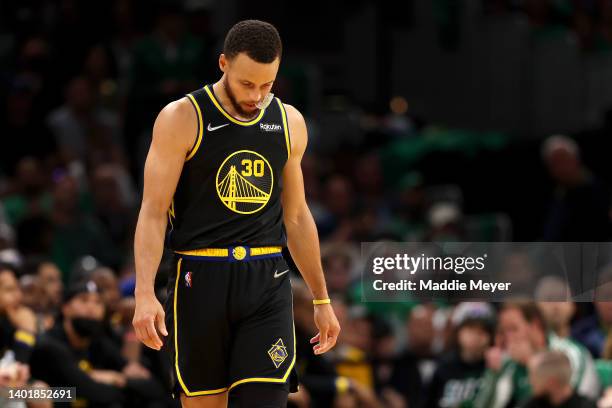 Stephen Curry of the Golden State Warriors looks on in the second quarter against the Boston Celtics during Game Three of the 2022 NBA Finals at TD...