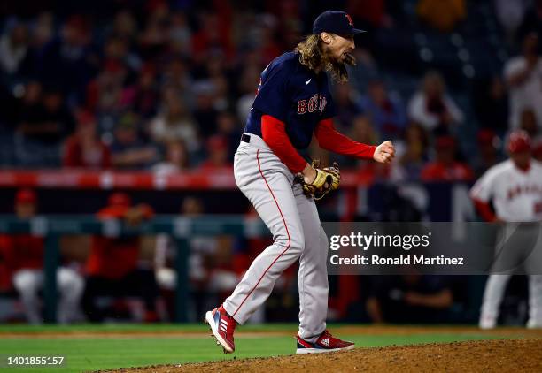 Matt Strahm of the Boston Red Sox reacts after a 1-0 win against the Los Angeles Angels in the ninth inning at Angel Stadium of Anaheim on June 08,...