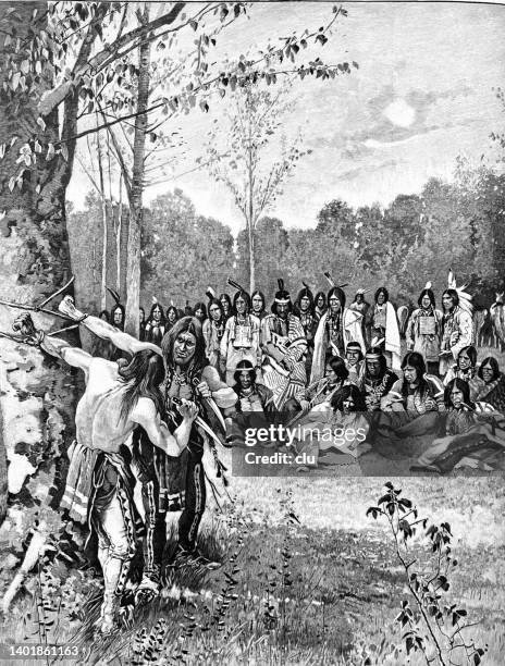 indian duell, 2 men fighting at a tree - duell stock illustrations