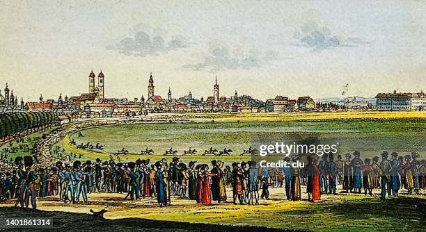 stockillustraties, clipart, cartoons en iconen met munich october 17, 1810, the first horse race on the theresienwiese - oktoberfest