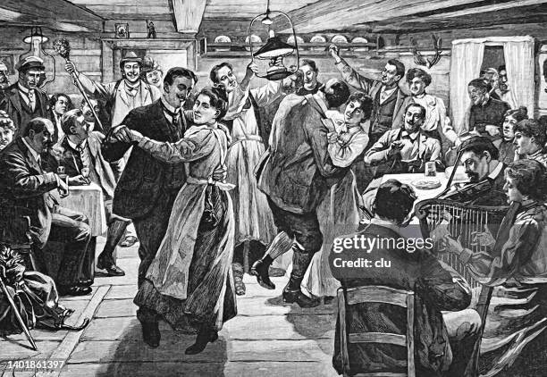 dancing couples in a pub in the riesengebirge - karkonosze mountain range stock illustrations