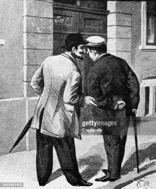 ilustraciones, imágenes clip art, dibujos animados e iconos de stock de dos hombres, vista trasera, hablando en la puerta de una casa - cotilleo