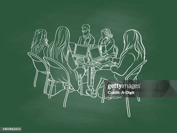 group project student table chalkboard - student typing on computer stock illustrations