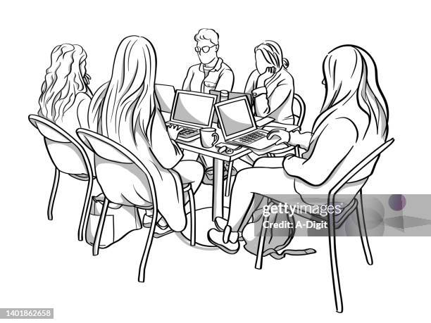 group project student table sketch - college students working stock illustrations