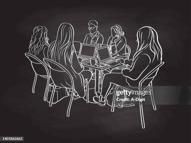 group project student table blackboard - student typing on computer stock illustrations