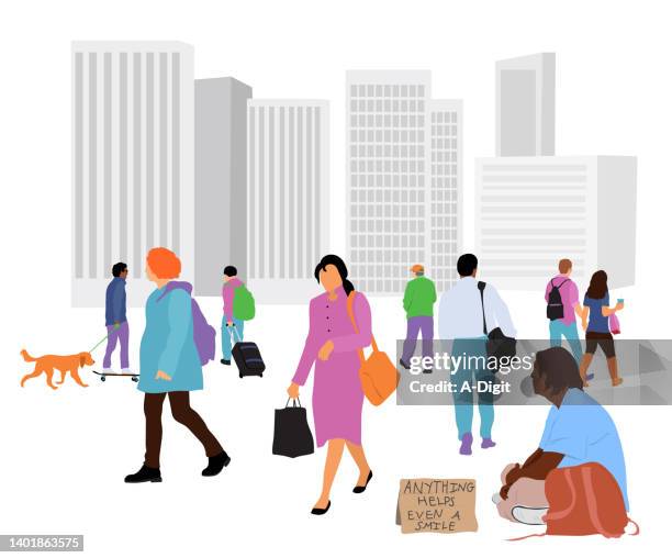 stockillustraties, clipart, cartoons en iconen met homeless man in the city - alone in a crowd sad