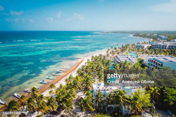 aerial view of the akumal bay in quintana roo, mexico. caribbean sea, coral reef, top view. beautiful tropical paradise beach - cancun fotografías e imágenes de stock