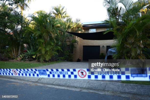 Police tape at the house of Justis Huni on June 09, 2022 in Brisbane, Australia. Police are investigating after shots were fired at the home earlier...