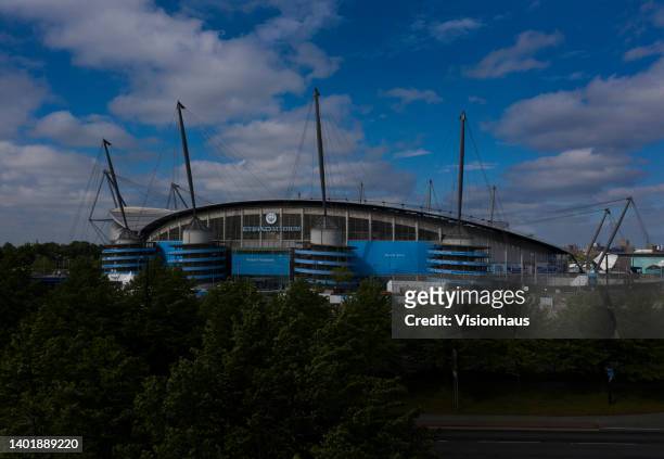 In an aerial view, the outside of the Etihad Stadium, home of Manchester City FC, on June 4, 2022 in Manchester, England