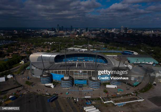 In an aerial view, the outside of the Etihad Stadium, home of Manchester City FC, on June 4, 2022 in Manchester, England