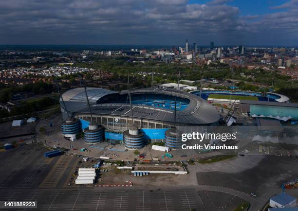 In an aerial view, the outside of the Etihad Stadium, home of Manchester City FC, on June 4, 2022 in Manchester, England