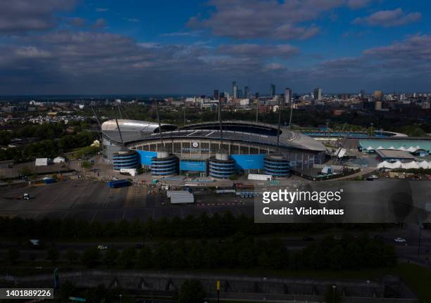 In an aerial view, the outside of the Etihad Stadium, home of Manchester City FC, on June 4, 2022 in Manchester, England
