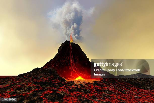 ilustrações, clipart, desenhos animados e ícones de an active volcano spews out hot red lava and smoke. - ash