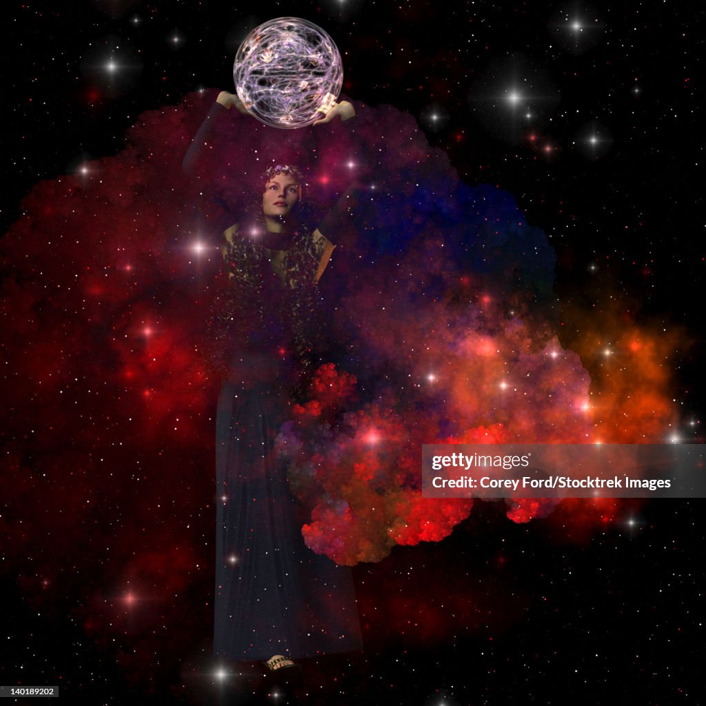 Adora, Goddess of the Heavens, spreads stars, planets and moons throughout the universe.