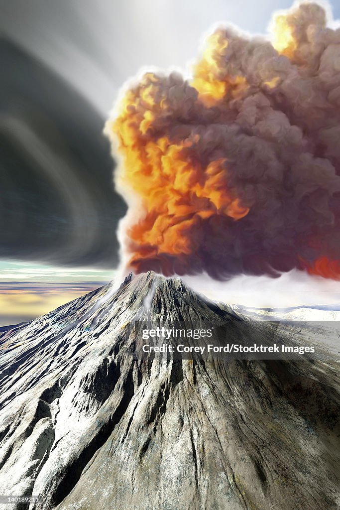 A volcano comes to life with billowing smoke.