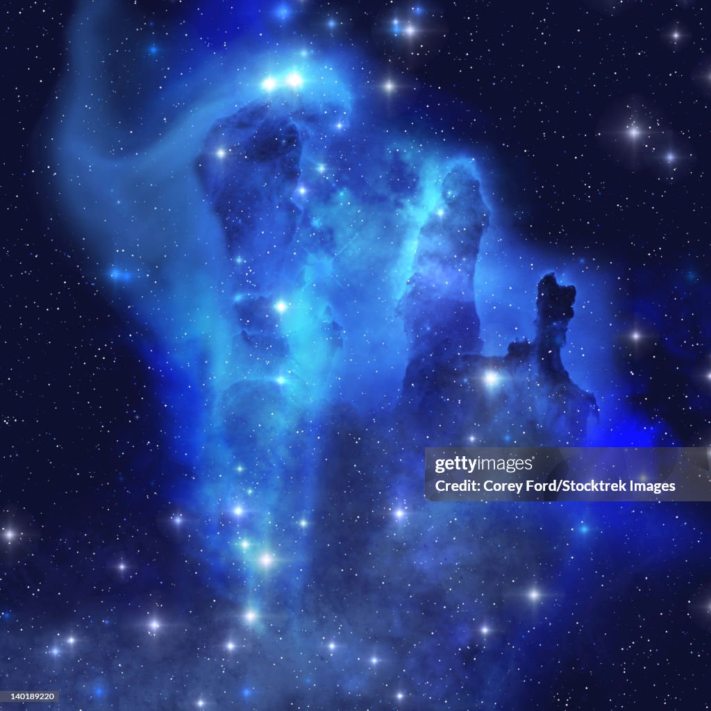The brilliant blues of this star making nebula shine throughout the cosmos.