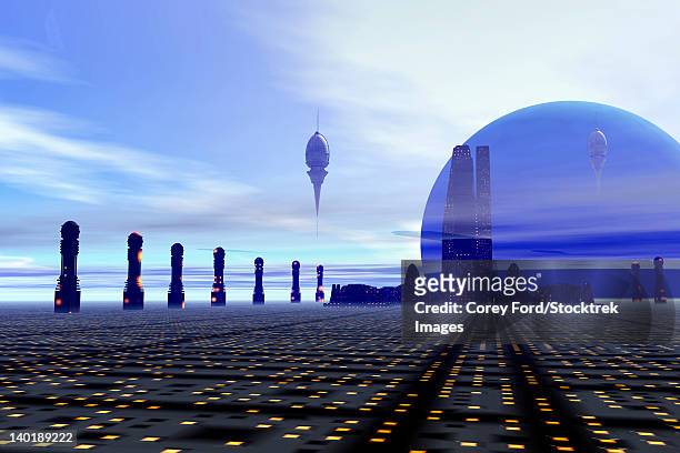 futuristic city on a planet at the edge of the milky way. - spaceport stock illustrations
