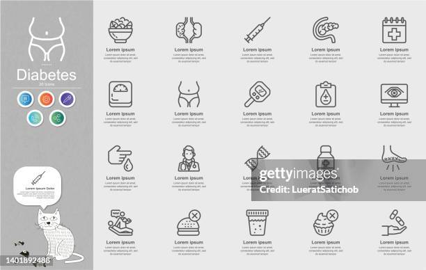 diabetes- und blutzuckermessliniensymbole inhalts-infografik - symptom stock-grafiken, -clipart, -cartoons und -symbole